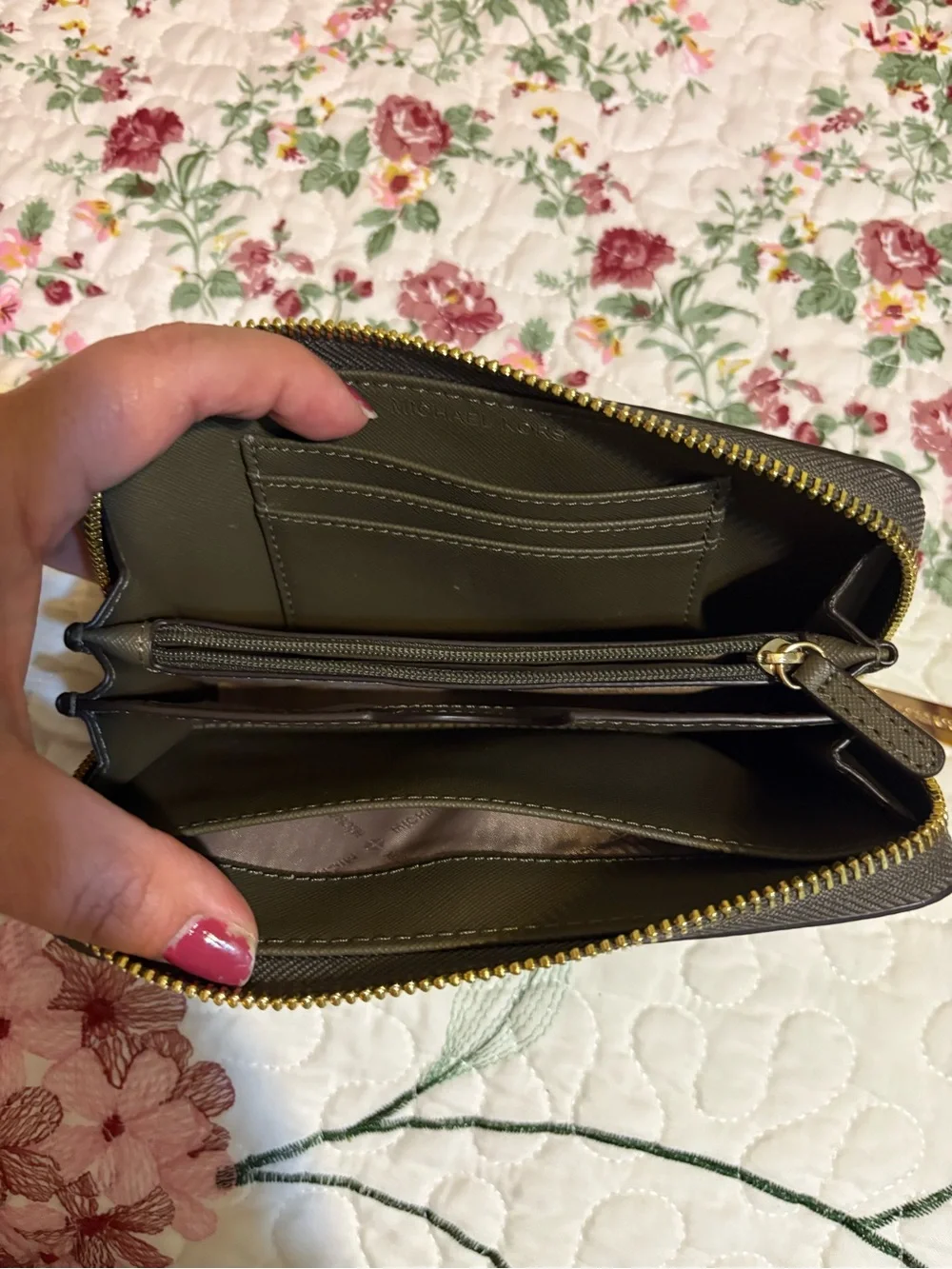 Michael Kors Olive Pebbled Zip Wallet with Gold Logo
